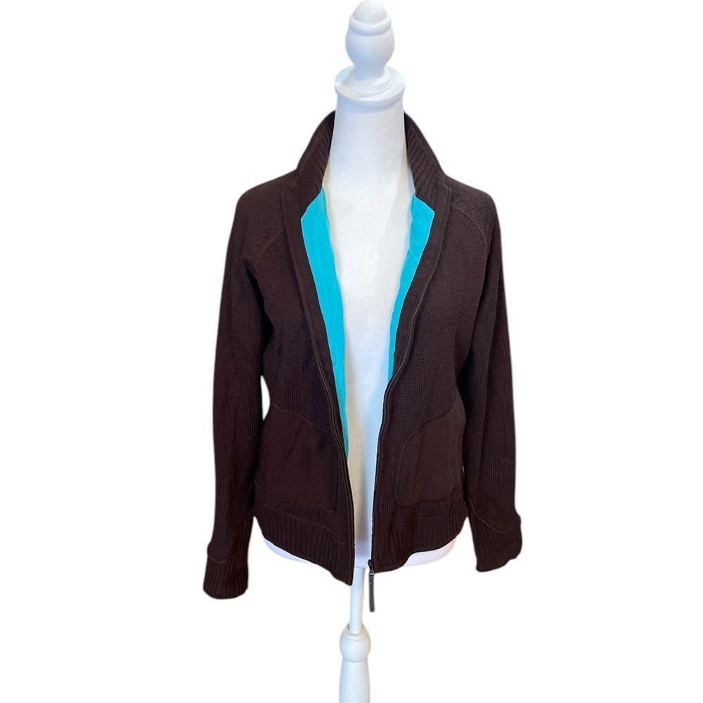 Merrell Wool Blend Zip Up Sweater Jacket Womens Size Medium Brown Blue Lining